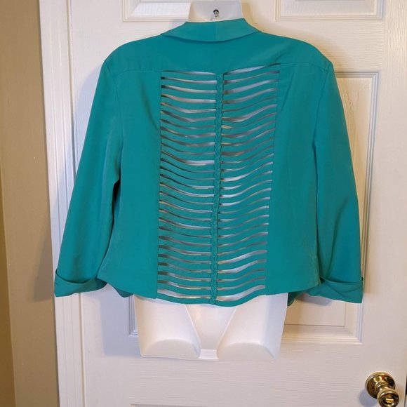 Poof Couture Spring Green Open Front Ladder Cut Out Back Blazer - size L - Picture 1 of 10